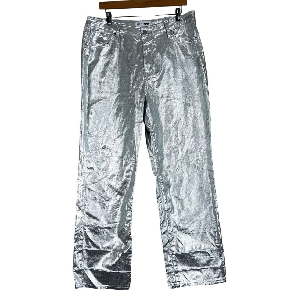 Fashion Nova Silver Metallic Pants Womens 16 Straight Leg Y2K Futuristic Rave - Picture 4 of 6